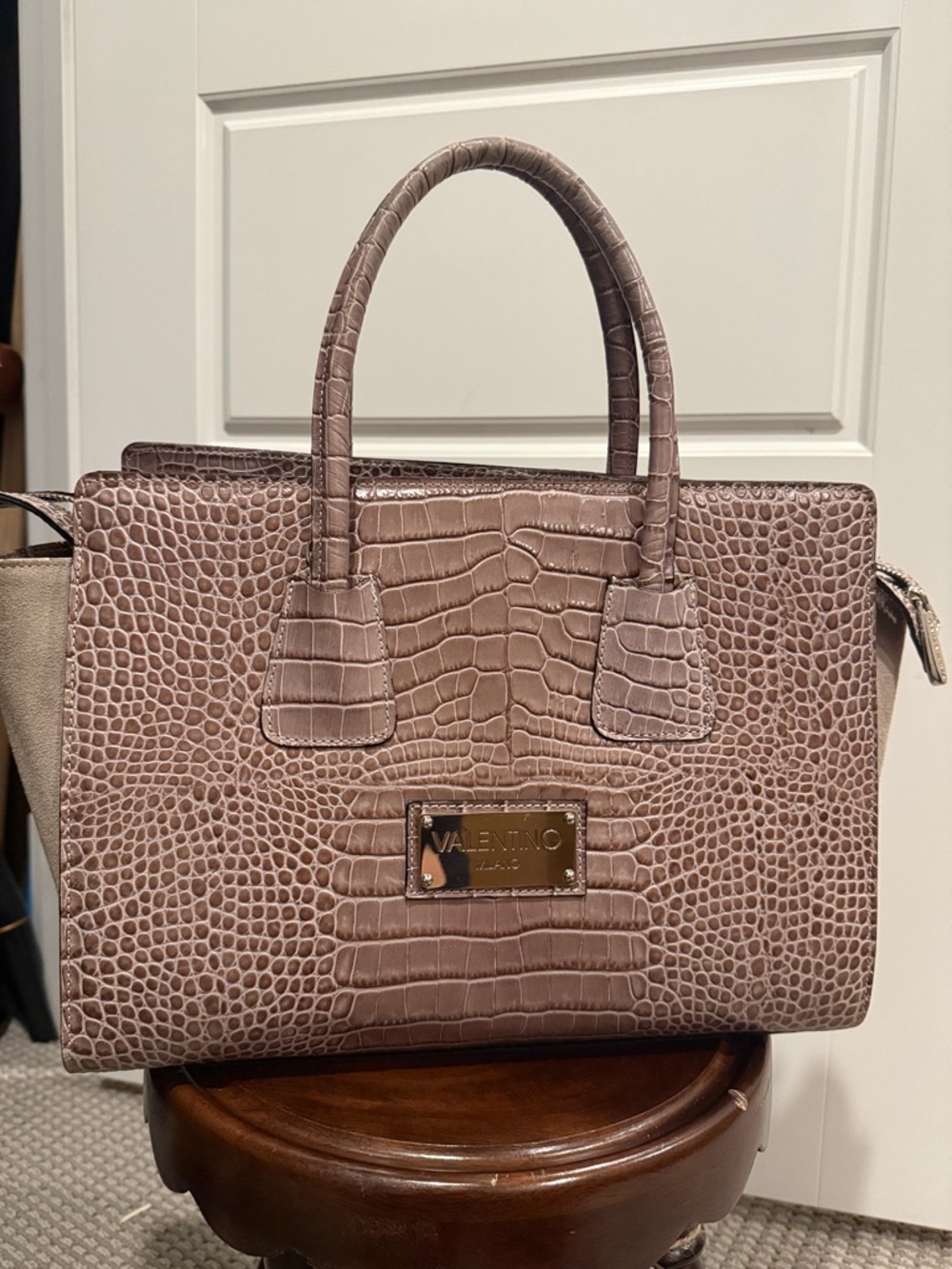 Valentino Croc-Embossed Taupe Leather Satchel with Gold Plaque